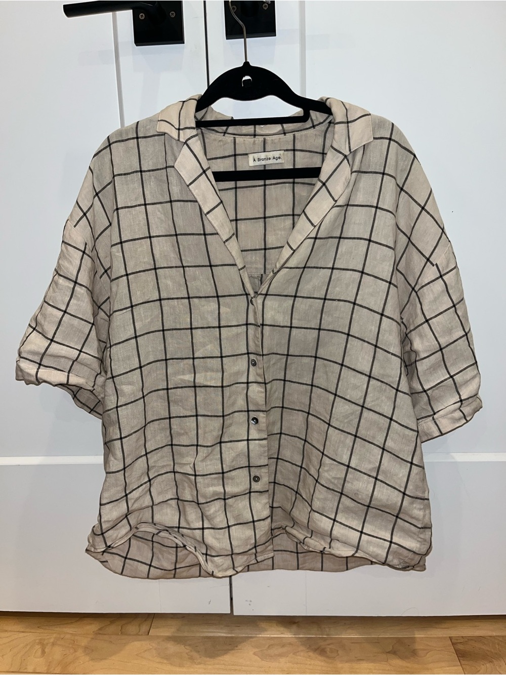 A Bronze Age Cream linen Windowpane Button-Down Shirt